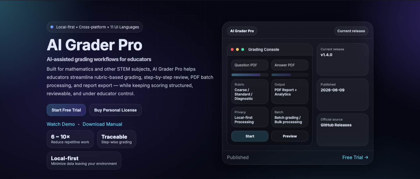 AI Grader Pro public website preview showing AI-assisted grading workflows for educators.
