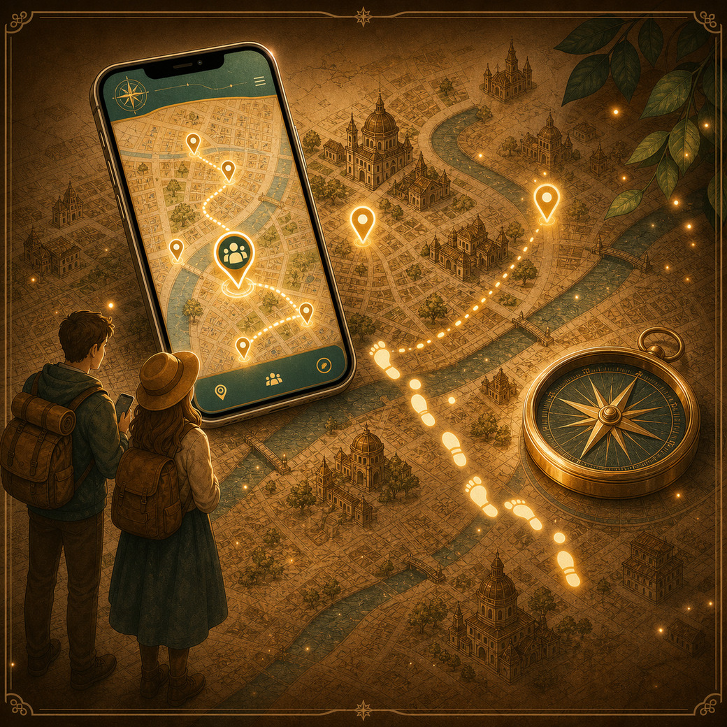 Magic Travel Map promotional artwork showing a phone map, route markers, travelers, and compass.