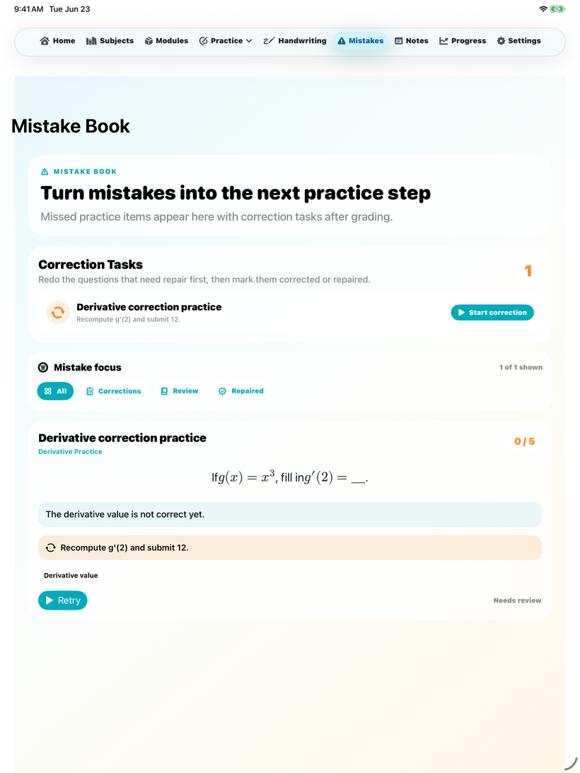 Nerd Dojo mistake book correction screen.
