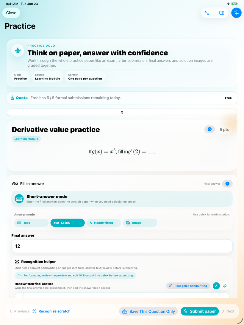 Nerd Dojo practice answer screen with text, LaTeX, handwriting, and image answer modes.