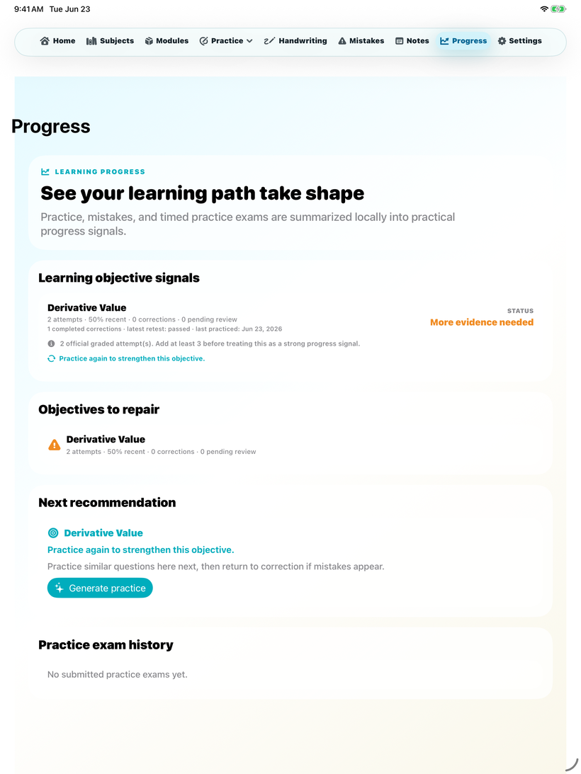 Nerd Dojo progress screen after correction.