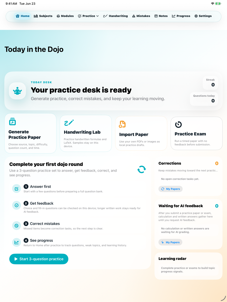 Nerd Dojo app screenshot showing the learner practice home screen.